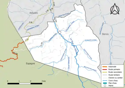 Carte en couleur présentant le réseau hydrographique de la commune