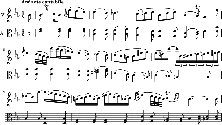 
<< \new Staff \with { instrumentName = #"V"}  
     \relative c'' {
    \version "2.18.2"
    \key ees \major 
    \tempo "Andante cantabile"
    \time 6/8
    \tempo 4 = 80
    \partial 8 bes8
    \transpose a bes \relative c'' <<
         { a8. b16 }
         {
           s8
           \once \set suggestAccidentals = ##t
           \once \override AccidentalSuggestion.outside-staff-priority = ##f
           \once \override AccidentalSuggestion.avoid-slur = #'inside
           \once \override AccidentalSuggestion.font-size = -3
           \once \override AccidentalSuggestion.script-priority = -1
           \single \hideNotes
           gis32-\turn \noBeam
           s32
} >> bes8 \grace bes32 ( g'8) (f ees)
   ees4 (d8) des4. 
   c8 ( d! ees bes d ees)
   bes4 (aes8\trill) g4 g'8
   \grace g8 (f4) ees32 (d c bes)
   d'8 c16 ( bes a g)
   f4 (e8) ees4 (d8)
   d (c b c fis g)
   f (e) c' ~ \tuplet 3/2 {c16 c, cis}  \tuplet 3/2 {d ees e}  \tuplet 3/2 {f fis g}
   ees!8 (d) bes' ~ bes16 a (g f ees d)
   b16 (c) d (ees) b (c) fis (g) d (ees) bes (c)
   \grace {bes32 (d} f4) (ees32 d c bes) 
   <<
         { c4.^\trill_( }
         { s4 \grace { bes16 ( c) } }
       >>
   bes4. ~ bes4 bes8
}
\new Staff \with { instrumentName = #"A "} \relative c' {
    \key ees \major 
    \clef "alto"
     \partial 8 r8 
     <ees g>4 <ees g>8 <ees g>4 <ees g>8
     <bes f'>4 <bes f'>8 <bes f'>4 (<bes g'>8)
     <aes aes'>4 <aes ees'>8 <g ees'>4 <g ees'>8
     <f c'>4 (<bes d>8)  ees4 <ees bes'>8
     <d bes'>4 <d bes'>8 <d bes'>4 <d bes'>8
     <c g'>4 <c g'>8 <fis a>4 (<g bes>8)
     ees4 (d8) c4 (a8)
     c4 (bes!8) a4 a8
     bes4 bes8 <d, bes'>4 <d bes'>8
     <ees g>4 <ees g>8  <ees g>4 <ees g>8
     <f d'>4 <f d'>8  <f a>4 <f a>8
     bes4 <bes d>8  <aes! d>4 <aes d>8
}
>>
