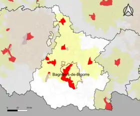 Localisation de l'aire d'attraction de Bagnères-de-Bigorre dans le département des Hautes-Pyrénées.