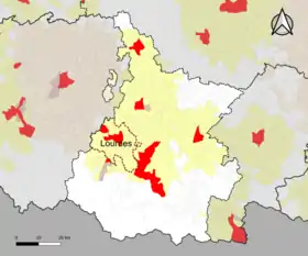 Localisation de l'aire d'attraction de Lourdes dans le département des Hautes-Pyrénées.