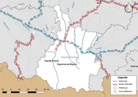 Carte du réseau routier national (autoroutes et routes nationales) dans le département des Hautes-Pyrénées