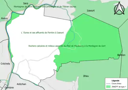 Carte des ZNIEFF de type 1 sur la commune.