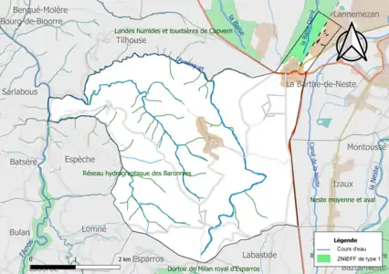 Carte en couleurs, délimitant une Zone naturelle sur la commune.