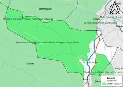 Carte des ZNIEFF de type 1 sur la commune.