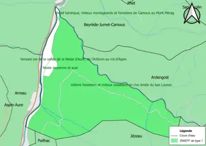 Carte des ZNIEFF de type 1 sur la commune.