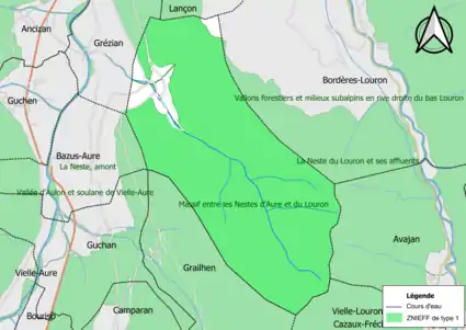 Carte des ZNIEFF de type 1 sur la commune.