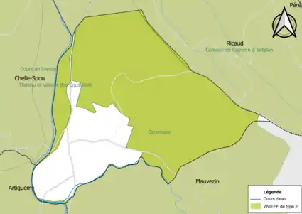 Carte des ZNIEFF de type 2 sur la commune.