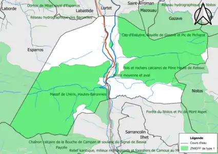 Carte des ZNIEFF de type 1 sur la commune.