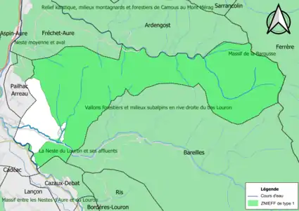 Carte des ZNIEFF de type 1 sur la commune.