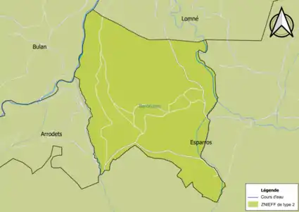 Carte de la ZNIEFF de type 2 sur la commune.