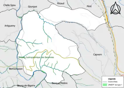 Carte de la ZNIEFF de type 1 sur la commune.