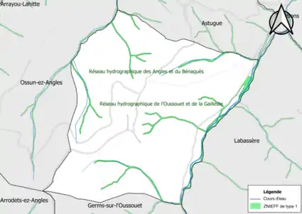 Carte des ZNIEFF de type 1 sur la commune.