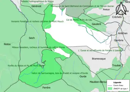 Carte des ZNIEFF de type 1 sur la commune.