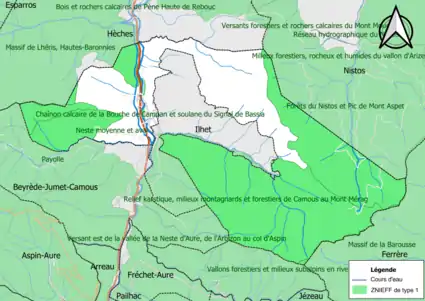 Carte des ZNIEFF de type 1 sur la commune.