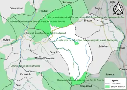 Carte des ZNIEFF de type 1 sur la commune.