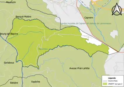 Carte de la ZNIEFF de type 2 sur la commune.