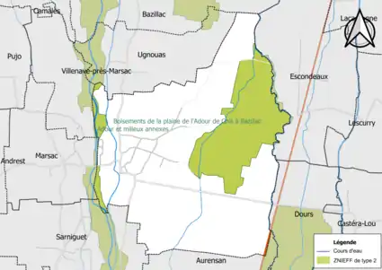 Carte des ZNIEFF de type 2 sur la commune.