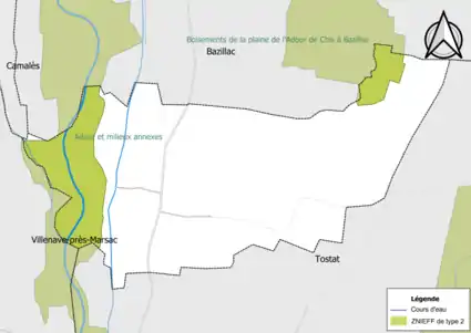 Carte des ZNIEFF de type 2 sur la commune.