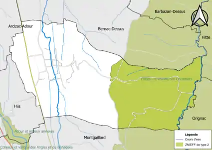 Carte de la ZNIEFF de type 2 sur la commune.