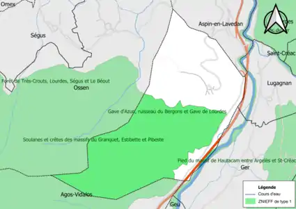 Carte des ZNIEFF de type 1 sur la commune.