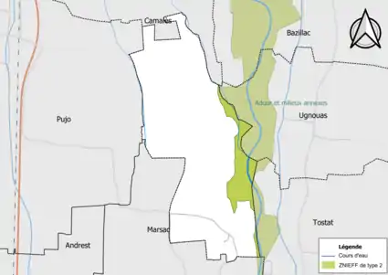 Carte de la ZNIEFF de type 2 sur la commune.