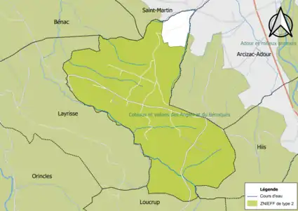 Carte de la ZNIEFF de type 2 sur la commune.