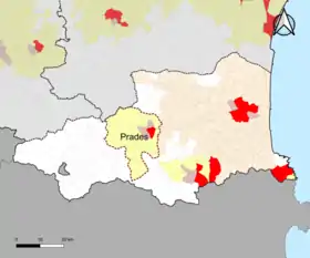 Localisation de l'aire d'attraction de Prades dans le département des Pyrénées-Orientales.