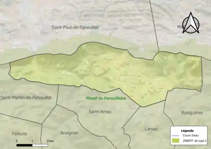 Carte de la ZNIEFF de type 2 sur la commune.