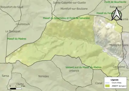 Carte des ZNIEFF de type 2 sur la commune.