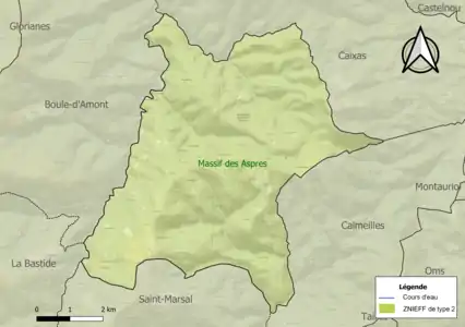 Carte de la ZNIEFF de type 2 sur la commune.