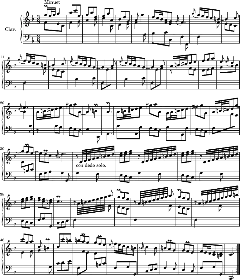 
\version "2.18.2"
\header {
  tagline = ##f
  % composer = "Domenico Scarlatti"
  % opus = "K. 379"
  % meter = "Minuet"
}
%% les petites notes
trillFqq     = { \tag #'print { f16\prall } \tag #'midi { \times 2/3 { f32 g f } } }
trillB       = { \tag #'print { b4\prall } \tag #'midi { \times 2/3 { c32 b c } b16~ b8 } }
trillAp      = { \tag #'print { a4.\prall } \tag #'midi { \times 2/3 { b32 a b } a16~ \tempo 4. = 40 a4   \tempo 4. = 54 } }
trillCp      = { \tag #'print { c4.\prall } \tag #'midi { \times 2/3 { d32 c d } c16~ c4 } }
trillDq      = { \tag #'print { d8\prall } \tag #'midi { \times 2/3 { e32 d e } d16 } }
trillFq      = { \tag #'print { f8\prall } \tag #'midi { \times 2/3 { g32 f g } f16 } }
trillGq      = { \tag #'print { g8\prall } \tag #'midi { \times 2/3 { a32 g a } g16 } }
trillAq      = { \tag #'print { a8\prall } \tag #'midi { \times 2/3 { b32 a b } a16 } }
appoD        = { \tag #'print { \appoggiatura e16 d4 } \tag #'midi { \appoggiatura e8 d4 } }
appoFp       = { \tag #'print { \appoggiatura g16 f4. } \tag #'midi { g8 f4 } }
appoEp       = { \tag #'print { \appoggiatura d16 e4. } \tag #'midi { d8 e4 } }
appoDp       = { \tag #'print { \appoggiatura c16 d4. } \tag #'midi { c8 d4 } }
appoC        = { \tag #'print { \appoggiatura b16 c4 } \tag #'midi { b8 c8 } }
upper = \relative c'' {
  \clef treble 
  \key f \major
  \time 3/8
  \tempo 4. = 54
  \set Staff.midiInstrument = #"harpsichord"
  \override TupletBracket.bracket-visibility = ##f
  \omit TupletNumber 
  \repeat volta 2 {
      s8*0^\markup{Minuet}
      \stemUp \trillFqq e32 f g4 | a8 c e, | f a d, | e g a, | bes d g, | a \stemNeutral f'4 | d16 c32 bes < f a >8 < e g >
      % ms. 8
      \appoFp | \repeat unfold 2 { \appoggiatura g'16 \stemUp f16 e32 d c8 b~ | \stemUp b4 c8 } |  \repeat unfold 2 { \appoggiatura e16 d16 c32 bes a8 g~ | g4 a8 } |
      % ms. 17
      a16 b32 cis d8 e | f8 g a | e8 \appoD | \appoEp | \stemNeutral  a,16 b32 cis d8 e |
      % ms. 22
      gis8 a a,~ | a \trillB | \trillAp | a16 b32 cis d8 e | gis8 a a, |  g16 a32 b c8 d | fis8 g g, | \stemUp
      % ms. 29
      a16 b32 cis d8 g~ | g \trillFq e8~ | \stemNeutral e \trillDq c8 | \appoDp | s8*0-\markup{con dedo solo.} \repeat unfold 3 { r8 \tuplet 8/8 { d,32 e f g a b c d } | < c e >8 < d f > < e g > } | % Merci Étienne !
      % ms. 39
      < d f >8 < c e > < b d > | \trillCp |
      % ms. 41
      \repeat unfold 2 { r8  \tuplet 7/8 { a64[ b c d e f g] } \stemUp a8 | \trillGq f8 e } | \stemUp r8 \tuplet 9/8 { a,32 b c d e f g a b } | c8 g a |
      % ms. 47
      c,8 \trillB | c8 c' b | b \trillAq g8 | g \trillFq e8 | \stemNeutral \appoggiatura e16 f16 e32 d c8 b | \appoC b8 | b8 \trillAq g |
      % ms. 54
      g8 \trillFq e | f16 e32 d < c e >8 < b d > | c4. }%reprise
}
lower = \relative c' {
  \clef bass
  \key f \major
  \time 3/8
  \set Staff.midiInstrument = #"harpsichord"
  \override TupletBracket.bracket-visibility = ##f
  \repeat volta 2 {
    % ************************************** \appoggiatura a8  \repeat unfold 2 {  } \times 2/3 { }   \omit TupletNumber 
      \stemDown \change Staff = "upper" f8 e c | f4 g8 | a4 bes8 | c4 c,8 | d4 e8 | f4  \change Staff = "lower" a,8 | bes8 c c, |
      % ms. 8
     % f4   \tempo 4. = 20 f,8 |   \tempo 4. = 54 
      f4  f,8 | 
\repeat unfold 2 { f'4 \stemDown \change Staff = "upper" f'8 | e d c \change Staff = "lower" } | \repeat unfold 2 { bes4 c8 | f,8 \stemDown \change Staff = "upper" e' f \change Staff = "lower" } | \stemDown \change Staff = "upper"
      % ms. 17
      r8 f8 e | d e f | g a bes | a4 \change Staff = "lower" a,8 | r8 a8 g 
      % ms. 22
      f8 e d | e4 e,8 | a4. | a'8 a, g' | f e d | g g, f' | e d c |
      % ms. 29
      f8 \stemDown \change Staff = "upper" f'8 e | d \stemUp \change Staff = "lower"  b c | \stemNeutral f, g a | g4 g,8 | \repeat unfold 3 { g'4 f8 | e8 d c } |
      % ms. 38
      f8 g g, | c d e |
      % ms. 41
      \repeat unfold 2 { f4 \stemDown \change Staff = "upper"   f'8 | e d c \change Staff = "lower" } | f,4 \stemDown \change Staff = "upper"   f'8 | e4 f8 |
      % ms. 47
      g4 \change Staff = "lower"  g,8 | c8 d e | f, \stemDown \change Staff = "upper" f' e | d \stemUp \change Staff = "lower" b c \stemNeutral | f, g g, | c d e | f4 e8 |
      % ms. 54
      d4 c8 | f g g, | c,4. }%reprise
}
thePianoStaff = \new PianoStaff <<
    \set PianoStaff.instrumentName = #"Clav."
    \new Staff = "upper" \upper
    \new Staff = "lower" \lower
  >>
\score {
  \keepWithTag #'print \thePianoStaff
  \layout {
      #(layout-set-staff-size 17)
    \context {
      \Score
     \override SpacingSpanner.common-shortest-duration = #(ly:make-moment 1/2)
      \remove "Metronome_mark_engraver"
    }
  }
}
\score {
   \unfoldRepeats
   \keepWithTag #'midi \thePianoStaff
  \midi { }
}
