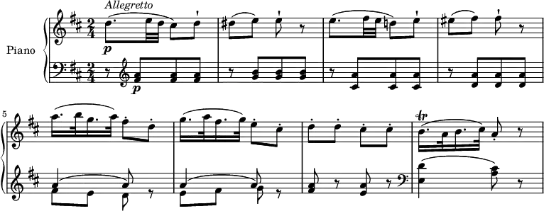 
\version "2.18.2"
\header {
  tagline = ##f
}
upper = \relative c' {
  \clef treble 
  \key d \major
  \time 2/4
  \tempo "Allegretto" 4 = 90
    d'8.\p ^\markup{ \italic {Allegretto} } (e32 d cis8) d-!
    dis (e) e-! r
    e8. (fis32 e d!8) e-!
    eis (fis) fis-! r
    a16. (b32 g16. a32) fis8-. d-.
    g16. (a32 fis16. g32) e8-. cis-.
    d-. d-. cis-. cis-.
    b16. \trill (a32 b16. cis32) a8-. r
}
lower = \relative c {
  \clef bass
  \key d \major
  \time 2/4
  r8 \clef treble <fis' a>8\p [<fis a> <fis a>]
  r <g b> [<g b> <g b>]
  r <cis, a'> [<cis a'> <cis a'>]
  r <d a'> [<d a'> <d a'>]
  <<{\stemDown fis8 e d s e fis g s} \\ {\stemUp a4 ^ (a8) r a4 ^(a8) r}>>
  <fis a>8 r <e a> r \clef bass
  <e, d'>4 (<a cis>8) r
} 
\score {
  \new PianoStaff <<
    \set PianoStaff.instrumentName = #"Piano"
    \new Staff = "upper" \upper
    \new Staff = "lower" \lower
  >>
  \layout {
    \context {
      \Score
      \remove "Metronome_mark_engraver"
    }
  }
  \midi { }
}
