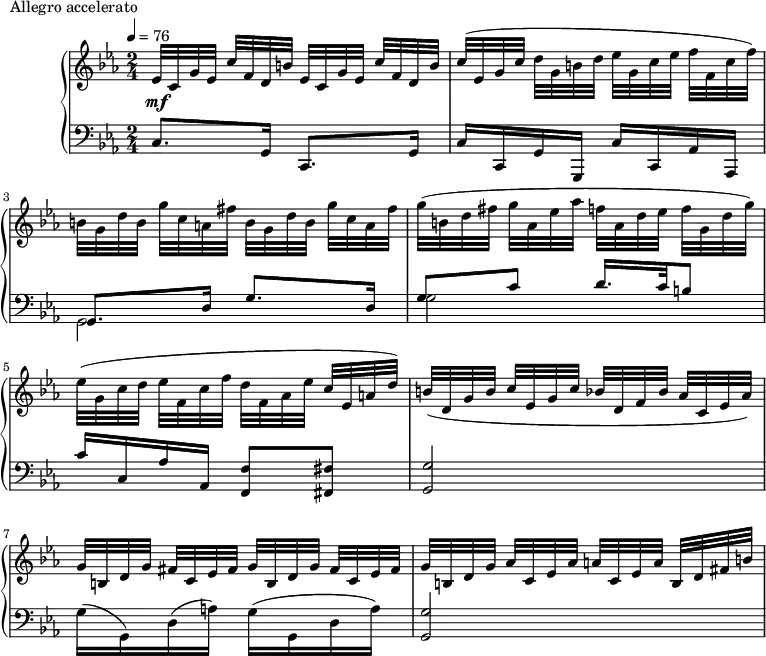 
\version "2.18.2"
\header {
  tagline = ##f
}
upper = \relative c' {
  \clef treble 
  \key c \minor
  \time 2/4
  \tempo 4 = 76
   %%Montgeroult — Étude 45 (pdf p. 135)
   s4*0\mf \repeat unfold 2 { ees32[ c g' ees] c' f, d b' }
   c32[( ees, g c] d g, b d ees[ g, c ees] f f, c' f)
   \repeat unfold 2 { b, g d' b g'[ c, a fis'] }
   g32( b, d fis g[ aes, ees' aes] f! aes, d ees f[ g, d' g])
   ees( g, c d ees[ f, c' f] d f, aes ees' c[ ees, a d])
   b( d, g b c[ ees, g c] bes d, f bes aes[ c, ees aes])
   \repeat unfold 2 { g32 b, d g fis[ c ees fis] }
   g32 b, d g aes[ c, ees aes] a c, ees a b,[ d fis b] 
}
lower = \relative c {
  \clef bass
  \key c \minor
  \time 2/4
   c8. g16 c,8. g'16 c16 c, g' g, c' c, aes' aes,
   << { g'8. d'16 g8. d16 g8 c d16. c32 b8 c16 c, aes' aes, < f' f, >8 < fis fis, > } \\ { g,2 g' } >>
   < g g, >2
    g16( g,) d'( a')  g16( g, d' a')
   < g g, >2
}
  \header {
    piece = "Allegro accelerato"
  }
\score {
  \new PianoStaff <<
    \new Staff = "upper" \upper
    \new Staff = "lower" \lower
  >>
  \layout {
    \context {
      \Score
    }
  }
  \midi { }
}
