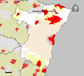 Localisation de l'aire d'attraction de Niederbronn-les-Bains dans le département du Bas-Rhin.