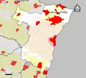 Localisation de l'aire d'attraction de Soultz-sous-Forêts dans le département du Bas-Rhin.