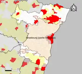 Localisation de l'aire d'attraction de Strasbourg dans le département du Bas-Rhin.