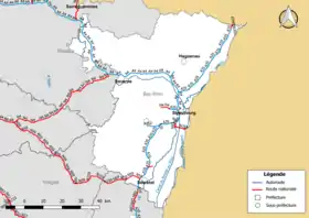 Carte du réseau routier national (autoroutes et routes nationales) dans le département du Bas-Rhin, au 1er janvier 2019