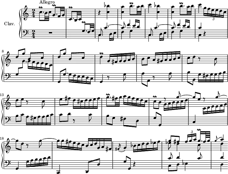 
\version "2.18.2"
\header {
  tagline = ##f
  % composer = "Domenico Scarlatti"
  % opus = "K. 250"
  % meter = "Allegro"
}
%% les petites notes
trillBqpUp     = { \tag #'print { b'8.\prall } \tag #'midi { \times 2/3 { c32 b c } b8 } }
trillCqp       = { \tag #'print { c8.\prall } \tag #'midi { \times 2/3 { d32 c d } c8 } }
trillCqpDown   = { \tag #'print { c,8.\prall } \tag #'midi { \times 2/3 { d32 c d } c8 } }
trillGqp       = { \tag #'print { g8.\prall } \tag #'midi { \times 2/3 { a32 g a } g8 } }
trillCq        = { \tag #'print { c8\prall } \tag #'midi { d32 c d c~ } }
trillD         = { \tag #'print { d4\prall } \tag #'midi { e32 d e d~ d8 } }
trillGqqqp     = { \tag #'print { g16.\prall } \tag #'midi { \times 2/3 { g32 a g } g16~ } }
appoA          = { \tag #'print { \appoggiatura g8 a4 } \tag #'midi { g8 a8 } }
upper = \relative c'' {
  \clef treble 
  \key c \major
  \time 2/4
  \tempo 4 = 86
  \set Staff.midiInstrument = #"harpsichord"
  \override TupletBracket.bracket-visibility = ##f % 
      s8*0^\markup{Allegro}
      \trillCqp b32 c \trillGqp f32 g \trillCqpDown b32 c \stemUp \change Staff = "lower" \trillGqp f32 g \stemNeutral \change Staff = "upper" | r4 \repeat unfold 2 { < c' bes' >4 | < c a' > \trillBqpUp a32 b | c4 }
      % ms. 7 suite
      \times 2/3 { g16[ f e e d c] } | \stemUp \repeat unfold 2 { d8 g b, c } | \stemNeutral \omit TupletNumber \trillD \times 2/3 { g,16[ fis g g a b] } |
      % ms. 11
      b8 c \times 2/3 { a16[ gis a a b c] } | c8 d r8 b8 | d e r8 c8 | e fis \times 2/3 { d16[ cis d d e fis] } |
      % ms. 15
      \trillGqp fis32 g \times 2/3 { a16[ g fis e d c] }   |   \trillCq b8 e8\rest \stemUp g8^~ g e e8\rest g8^~ | \stemNeutral g d r8 g8~ |
      % ms. 19
      \times 2/3 { g16[ g fis e d c] }  \times 2/3 { b16[ c d g, a fis] }   |   \acciaccatura fis8 g4  \times 2/3 { bes16[ c d d ees f] } | << { g8 fis \times 2/3 { fis16[ g a] } \trillGqqqp fis64 g | \appoA } \\ { ees8 d4 c8 | d4 } >>
}
lower = \relative c' {
  \clef bass
  \key c \major
  \time 2/4
  \set Staff.midiInstrument = #"harpsichord"
  \override TupletBracket.bracket-visibility = ##f
  \omit TupletNumber 
    % **************************************
      R2 | s2 | \repeat unfold 2 { << { c,8 c'4.~ | c8 f4 e16 d } \\ { \mergeDifferentlyDottedOn c,4. d16 e  | f4 g } >> } << { c4 } \\ {   \tempo 4 = 60 c,4 } >>   \tempo 4 = 86 r4 |
      % ms. 8
      g'8 \stemDown \change Staff = "upper" g'_~ \times 2/3 { g16[ f e e d c] } | \stemNeutral \change Staff = "lower" g,8 g'~ \times 2/3 { g16[ f e e d c] } | g4 r8 g'8 |
      % ms. 11
      a8 a, r8 a'8 | b b, \times 2/3 { g'16[ fis g g a b] } | b8 c \times 2/3 { a16[ gis a a b c] } | c8 d r8 c8 |
      % ms. 15
      b8 g fis d | g g, \stemDown \change Staff = "upper" \times 2/3 { g''16[ a b b c d] } | \stemUp \change Staff = "lower"  c,,4 \stemDown \change Staff = "upper" \times 2/3 { c'16[ d e e f g] } | \stemUp \change Staff = "lower"  g,,4  \stemDown  \times 2/3 { g'16[ a b b c d] } \stemNeutral |
      % ms. 19
      c,,4 d8 d' | g g, r4 | << { c'8 d4 c8 | d4 } \\ { c,8 d ees4 | d } >>
}
thePianoStaff = \new PianoStaff <<
    \set PianoStaff.instrumentName = #"Clav."
    \new Staff = "upper" \upper
    \new Staff = "lower" \lower
  >>
\score {
  \keepWithTag #'print \thePianoStaff
  \layout {
      #(layout-set-staff-size 17)
    \context {
      \Score
     \override SpacingSpanner.common-shortest-duration = #(ly:make-moment 1/2)
      \remove "Metronome_mark_engraver"
    }
  }
}
\score {
  \keepWithTag #'midi \thePianoStaff
  \midi { }
}
