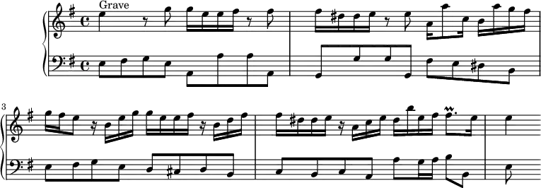 
\version "2.18.2"
\header {
  tagline = ##f
  % composer = "Domenico Scarlatti"
  % opus = "K. 81"
  % meter = "Grave – Allegro"
}
%% les petites notes
trillFisqp     = { \tag #'print { fis8.\prall } \tag #'midi { \times 2/3 { g64 fis g } fis16.~ fis16 } }
upper = \relative c'' {
  \clef treble 
  \key e \minor
  \time 4/4
  \tempo 4 = 34
  \set Staff.midiInstrument = #"recorder"
      s8*0^\markup{Grave}
      e4 r8 g8 g16 e e fis r8 fis8 | fis16 dis dis e r8 e8 a,16 a'8 c,16 b a' g fis | g fis e8 r16 b16 e g g e e fis r16 b, d fis |
      % ms. 4
      fis16 dis dis e r16 a,16 c e dis b' e, fis \trillFisqp e16 | e4
}
lower = \relative c' {
  \clef bass
  \key e \minor
  \time 4/4
  \set Staff.midiInstrument = #"harpsichord"
    % ************************************** \appoggiatura a16  \repeat unfold 2 {  } \times 2/3 { }   \omit TupletNumber 
      e,8 fis g e a, a' a a, | g g' g g, fis' e dis b | e fis g e d cis d b |
      % ms. 4
      c8 b c a a' g16 a b8 b, | e8
}
thePianoStaff = \new PianoStaff <<
    \set PianoStaff.instrumentName = #""
    \new Staff = "upper" \upper
    \new Staff = "lower" \lower
  >>
\score {
  \keepWithTag #'print \thePianoStaff
  \layout {
      #(layout-set-staff-size 17)
    \context {
      \Score
     \override TupletBracket.bracket-visibility = ##f
     \override SpacingSpanner.common-shortest-duration = #(ly:make-moment 1/2)
      \remove "Metronome_mark_engraver"
    }
  }
}
\score {
  \keepWithTag #'midi \thePianoStaff
  \midi {  }
}
