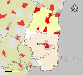 Localisation de l'aire d'attraction de Mulhouse dans le département du Haut-Rhin.