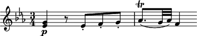 
\header {
  tagline = ##f
}
\score {
  \new Staff \with {
  }
<<
  \relative c' {
    \key ees \major
    \time 3/4
    \override TupletBracket #'bracket-visibility = ##f 
    \autoBeamOff
     %%%%%%%%%%%%%%%%%%%%%%%%%% K26
     < es g >\p r8 ees8-.[ f-. g-.] aes8.\trill[( g32 aes)] f4
  }
>>
  \layout {
    \context {
      \remove "Metronome_mark_engraver"
    }
  }
  \midi {}
}
