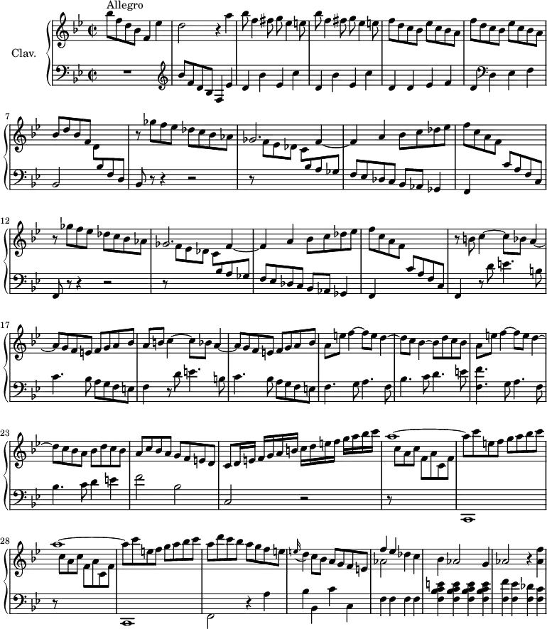 
\version "2.18.2"
\header {
  tagline = ##f
  % composer = "Domenico Scarlatti"
  % opus = "K. 248"
  % meter = "Allegro"
}
%% les petites notes
%trillBesp     = { \tag #'print { bes4.\prall } \tag #'midi { c32 bes c bes~ bes4 } }
upper = \relative c'' {
  \clef treble 
  \key bes \major
  \time 2/2
  \tempo 2 = 82
  \set Staff.midiInstrument = #"harpsichord"
  \override TupletBracket.bracket-visibility = ##f
      s8*0^\markup{Allegro}
      bes'8 f d bes f4 ees' | d2 r4 a'4 | \repeat unfold 2 { bes8 f4 fis8 g ees4 e8 } | 
      % ms. 5
      \repeat unfold 2 { f8 d c bes ees c bes a  } | bes d bes f s2 | \repeat unfold 2 { r8 ges'8 f ees des c bes aes | ges2. f4~ |
      % ms. 10
      f4 a bes8 c des ees | f c a f s2 } |
      % ms. 16
      r8 \repeat unfold 2 { b8 c4~ c8 bes a4~ | a8 g f e  f g a bes | a }
      % ms. 20
      e'8 f4~ f8 e d4~ | d8 c bes4~ bes8 d c bes | a8 e' f4~ f8 e d4~ | d8 c bes a bes d c bes |
      % ms. 24
      a8 c bes a g f e d | c d16 e f[ g a b] c d e f g[ a bes c] | \repeat unfold 2 { a1~ | a8 c e, f g a bes c } |
      % ms. 30
      a8 d c bes a g f e | \appoggiatura e16 d4 c8 bes a g f e | << { f'4 ees } \\ { aes,2 } >> des4 c |
      % ms. 33
      bes4 aes2 g4 | aes2 r4 < aes f' >4 | 
}
lower = \relative c' {
  \clef bass
  \key bes \major
  \time 2/2
  \set Staff.midiInstrument = #"harpsichord"
  \override TupletBracket.bracket-visibility = ##f
    % ************************************** \appoggiatura a16  \repeat unfold 2 {  } \times 2/3 { }   \omit TupletNumber 
      R1 |   \clef treble bes'8 f d bes f4 ees' | \repeat unfold 2 { d bes' ees, c' } |
      % ms. 5
      d,4 d ees f | d   \clef bass d, ees f | bes,2 \stemDown \change Staff = "upper"  d'8 \stemUp \change Staff = "lower" bes f d | bes8 r8 r4 r2 | r8 \stemDown \change Staff = "upper"  f''8 ees des c \stemUp \change Staff = "lower" bes a ges |
      % ms. 10
      f8 ees des c bes aes ges4 | f4 s4 c''8 a f c | f,8 r8 r4 r2 | r8 \stemDown \change Staff = "upper"  f''8 ees des c \stemUp \change Staff = "lower" bes a ges |
      % ms. 14
      f8 ees des c bes aes ges4 | f4 s4 c''8 a f c | \stemNeutral f,4 r8 d''8 e4. b8 | c4. bes8 a g f e | f4 r8 d'8 e4. b8 |
      % ms. 19
       c4. bes8 a g f e | f4. g8 a4. f8 | bes4. c8 d4. e8 | < f, f' >4. g8 a4. f8 | bes4. c8 d4 e |
      % ms. 24
      f2 bes, | c, r2 | \repeat unfold 2 { r8 \stemDown \change Staff = "upper" c''8 a c f, a c, f | \change Staff = "lower" c,,1 } |
      % ms. 30
      f2 r4 a'4 | bes bes, c' c, | f f f f | < f bes c e >4 q q q | < f f' >4 < f ees' > < f des' > < f c' >
}
thePianoStaff = \new PianoStaff <<
    \set PianoStaff.instrumentName = #"Clav."
    \new Staff = "upper" \upper
    \new Staff = "lower" \lower
  >>
\score {
  \keepWithTag #'print \thePianoStaff
  \layout {
      #(layout-set-staff-size 17)
    \context {
      \Score
     \override SpacingSpanner.common-shortest-duration = #(ly:make-moment 1/2)
      \remove "Metronome_mark_engraver"
    }
  }
}
\score {
  \keepWithTag #'midi \thePianoStaff
  \midi { }
}
