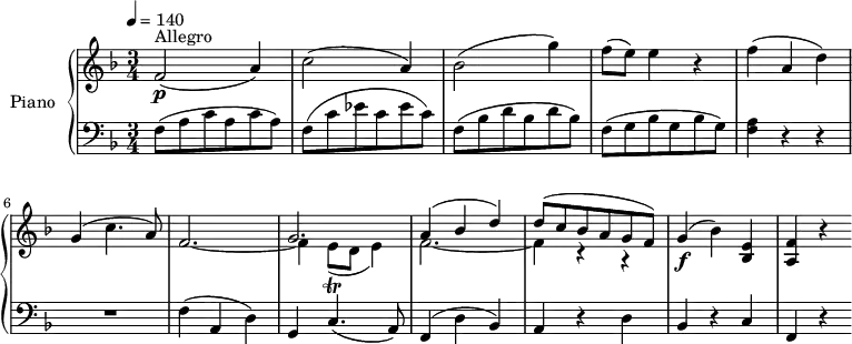 
\version "2.14.2"
\header {
  tagline = ##f
}
upper= \relative c' {
  \clef treble
  \key f \major
  \time 3/4
  \tempo 4 = 140
  \set Staff.midiInstrument = #"piano"
    f2\p^\markup { Allegro } (a4)
    c2 (a4)
    bes2 (g'4)
    f8 (e) e4 r4
    f4 (a, d)
    g, (c4. a8)
     << {s2. g2.} \\ { \stemUp f2.~ \stemDown f4 e8\trill (d e4)} >> % attention les liaisons de tenues sont avec ~, celle de phrasé avec ()
    <<{a4^(bes d) d8 (c bes a g f)} \\ { f2.~ f4 r4 r4 } >> % même problème liaison = ~ ; phrasé = ()
    g4\f (bes) <bes, e>
    <a f'> r4
  }
lower=\relative c {
    \clef bass
    \key f \major
    \numericTimeSignature
    \time 3/4
    f8 (a c a c a)
    f8 (c' ees c ees c)
    f,8 (bes d bes d bes)
    f8 (g bes g bes g)
    <f a>4 r4 r4
    R2.
    f4 (a, d)
    g, c4. (a8)
    f4 (d' bes)
    a4 r4 d
    bes r4
    c f, r4
  }
\score {
       \new PianoStaff \with { instrumentName = #"Piano" }
       <<
         \new Staff = "upper" \upper
         \new Staff = "lower" \lower
       >>
\layout { }
\midi { } }
