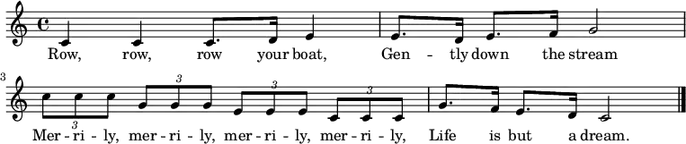 
\new Staff {
\relative c' {
  \key c \major
  \time 4/4
  c4 c c8. d16 e4 e8. d16 e8. f16 g2 \break
\times 2/3 { c8 c c } \times 2/3 { g8 g g } \times 2/3 { e8 e e } \times 2/3 { c8 c c } g'8. f16 e8. d16 c2 \break
\bar "|."
} }
\addlyrics { 
\lyricmode {
    Row, row, row your boat,
    Gen -- tly down the stream
    Mer -- ri -- ly, mer -- ri -- ly, mer -- ri -- ly, mer -- ri -- ly,
    Life is but a dream.
} }
  \midi {
    \context {
      \Score
      tempoWholesPerMinute = #(ly:make-moment 80 4)
    }
  }
