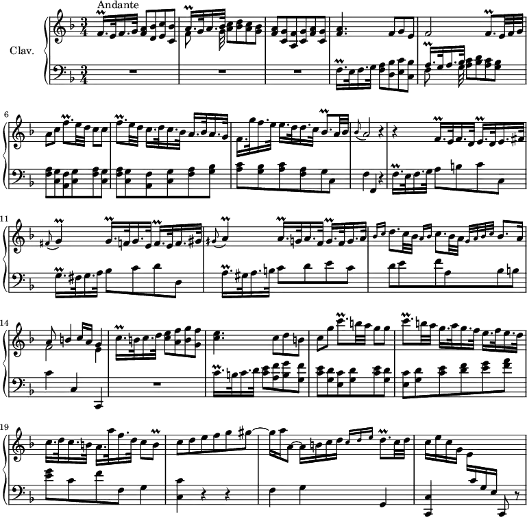 
\version "2.18.2"
\header {
  tagline = ##f
  % composer = "Domenico Scarlatti"
  % opus = "K. 256"
  % meter = "Andante"
}
%% les petites notes
trillFqqpDown    = { \tag #'print { f,16.\prall } \tag #'midi { f32 g f } }
trillAqqpUp      = { \tag #'print { a'16.\prall } \tag #'midi { a32 bes a } }
trillAqqp        = { \tag #'print { a16.\prall } \tag #'midi { a32 bes a } }
trillFqqpUp      = { \tag #'print { f'16.\prall } \tag #'midi { f32 g f } }
trillFqqp        = { \tag #'print { f16.\prall } \tag #'midi { f32 g f } }
trillEqqp        = { \tag #'print { e16.\prall } \tag #'midi { e32 f e } }
trillG           = { \tag #'print { g4\prall } \tag #'midi { a32 g a g~ g8 } }
trillGqqp        = { \tag #'print { g16.\prall } \tag #'midi { g32 a g } }
trillGqqpUp      = { \tag #'print { g'16.\prall } \tag #'midi { g32 a g } }
trillFqp         = { \tag #'print { f8.\prall } \tag #'midi { g32 f g f~ f16 } }
trillBqp         = { \tag #'print { bes8.\prall } \tag #'midi { c32 bes c bes~ bes16 } }
trillA           = { \tag #'print { a4\prall } \tag #'midi { bes32 a bes a~ a8 } }
trillCqqpUp      = { \tag #'print { c'16.\prall } \tag #'midi { c32 d c } }
trillCqqpUpUp    = { \tag #'print { c''16.\prall } \tag #'midi { c32 d c } }
trillCqp         = { \tag #'print { c8.\prall } \tag #'midi { d32 c d c~ c16 } }
trillBq          = { \tag #'print { b8\prall } \tag #'midi { c32 b c b } }
trillDqp         = { \tag #'print { d8.\prall } \tag #'midi { e32 d e d~ d16 } }
upper = \relative c'' {
  \clef treble 
  \key f \major
  \time 3/4
  \tempo 4 = 82
      s8*0^\markup{Andante}
      \trillFqqpDown e32 f16. g32 < f a >8 < d bes' > < e c' > < c bes' > |
      << { \trillAqqpUp g32 a16. bes32 } \\ { f8 s16. g32 } >> < a c >8 < bes d > < a c > < g bes > |
      < f a >8 < c g' > < a f' > < c g' > < f a > < c g' > | < f a >4. f8 g e |
      % ms. 5
      f2 \trillFqp \omit TupletNumber  \times 2/3 { e32 f g } | a8 c \trillFqp e32 d c8 c  |
      \trillFqp e32 d c16. d32 c16. bes32  a16. bes32 a16. g32  | f16. g'32 f16. e32  e16. d32 d16. c32 \trillBqp a32 bes |
      % ms. 9
      \appoggiatura bes8 a2 r4 | r4 \trillFqqp e32 f16. d32 \trillEqqp d32 e16. fis32 |
      \appoggiatura fis8 \trillG  \trillGqqp f32 g16. e32  \trillFqqp e32 f16. gis32 |
      \appoggiatura gis8 \trillA  \trillAqqp g32 a16. f32  \trillGqqp f32 g16. a32 |
      % ms. 13
      \grace { bes16 c } d8. c32 bes \grace { a16 bes } c8. bes32 a \grace { \tempo 4 = 62 g32 a bes c }   \tempo 4 = 82 bes8. a16 |
      << { a8 b4 c16 a g4 } \\ { f2 e4 } >>  
      \trillCqqpUp b32 c16. d32 < c e >8 < a f' > < b g' > < g f' > | < c e >4. c8 d b |
      % ms. 17
      c8 g' \trillCqp b32 a g8 g |  \trillCqp b32 a g16. a32 g16. f32 e16. f32 e16. d32 |
      c16. d32 c16. b32  a16. a'32 f16. d32 c8 \trillBq | c8 d e f g gis~ |
      % ms. 21
      gis16 a a,8~ a16 b c d \grace {   \tempo 4 = 62 c16 d e }   \tempo 4 = 82 \trillDqp c32 d | c16 e c g \stemDown e \stemUp  \change Staff = "lower" c g e s4 |
}
lower = \relative c' {
  \clef bass
  \key f \major
  \time 3/4
    % ************************************** \appoggiatura a16  \repeat unfold 2 {  } \times 2/3 { }   \omit TupletNumber 
      R2.*3 | \trillFqqpDown e32 f16. g32 < f a >8 < d bes' > < e c' > < c bes' > |
      % ms. 5
      << { \trillAqqpUp g32 a16. bes32 } \\ { f8 s16. g32 } >>  < a c >8 < bes d > < a c > < g bes > |
      < f a >8 < c g' > < a f' > < c g' > < f a > < c g' > |
      < f a >8 < c g' > < a f' > < c g' > < f a > < g bes > | < a c > < g bes > < a c > < f a > g c, |
      % ms. 9
      f4 f, r4 | \trillFqqpUp e32 f16. g32 a8 b c c, | \trillGqqpUp fis32 g16. a32 bes8 c d d, |
      \trillAqqpUp gis32 a16. b32 c8 d e c |
      % ms. 13
      d8 e f a, bes b | c4 c, c, | R2. | \trillCqqpUpUp b32 c16. d32 < c e >8 < a f' > < b g' > < g f' > |
      % ms. 17
      < c e >8 < g d' > < e c' > < g d' > < c e > < g d' > | < e c' > < g d' > < c e > < d f > < e g > < f a > |
      < e g > c f f, g4 | < c, c' > r4 r4 |
      % ms. 21
      f4 g g, | < c, c' > s4 c8 r8 |
}
thePianoStaff = \new PianoStaff <<
    \set PianoStaff.instrumentName = #"Clav."
    \new Staff = "upper" \upper
    \new Staff = "lower" \lower
  >>
\score {
  \keepWithTag #'print \thePianoStaff
  \layout {
      #(layout-set-staff-size 17)
    \context {
      \Score
     \override TupletBracket.bracket-visibility = ##f
     \override SpacingSpanner.common-shortest-duration = #(ly:make-moment 1/2)
      \remove "Metronome_mark_engraver"
    }
  }
}
\score {
  \keepWithTag #'midi \thePianoStaff
  \midi { \set Staff.midiInstrument = #"harpsichord" }
}
