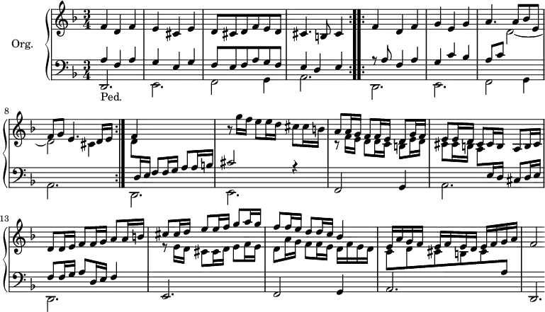 
\version "2.18.2"
\header {
  tagline = ##f
  % composer = "Johann Pachelbel"
  % opus = "Chaconne en ré mineur"
  % meter = ""
}
%% les petites notes
%trillBesp     = { \tag #'print { bes4.\prall } \tag #'midi { c32 bes c bes~ bes4 } }
upper = \relative c' {
  \clef treble 
  \key d \minor
  \time 3/4
  \tempo 4 = 60
      \repeat volta 2 { f4 d f | e cis e | d8 cis d f e d | cis4. b8 cis4 }%repet
      % ms. 5
      \repeat volta 2 { f4 d f | g e g | << { a4. a8 bes e, | f g e4. d16 e } \\ { s4 d2~ | d cis4 } >> }%repet
      % ms. 9
      << { f4 } \\ { d8 \stemUp  \change Staff = "lower"  d,16 e } >> \stemUp  \change Staff = "lower" f8 f16 g a8 a16 b \stemNeutral   \change Staff = "upper" |
      % ms. 10
      r8 g''16 f e8 e16 d cis8 cis16 b | 
      << { a8 a16 g f8 f16 e d8 g16 f | e8 e16 d cis8 cis16 b } 
      \\ { r8 f'16 e d8 d16 c b8 e16 d | cis8 cis16 b }  >> a8 b16 cis | d8 d16 e f8 f16 g a8 a16 b |
      % ms. 14
      << { cis8 cis16 d e8 e16 f g8 a16 g | f8 f16 e d8 d16 c bes4 | e,16 a g f e f e d e f g a | f2*1/2 } \\ { r8 e16 d cis8 cis16 d e8 f16 e | d8 a'16 g f8 f16 e d f e d | c8 d cis b cis \stemUp  \change Staff = "lower" a8 } >>
}
lower = \relative c' {
  \clef bass
  \key d \minor
  \time 3/4
    % ************************************** \appoggiatura a16  \repeat unfold 2 {  } \times 2/3 { }   \omit TupletNumber 
     \repeat volta 2 { << { a4 f a | g e g | f8 e f a g f | e4 d e } \\ { \stemUp d,2.-\markup{Ped.} \stemDown e f2 g4 | a2. } >> }%repet
      % ms. 5
      \repeat volta 2 { << { r8 a'8 f4 a | g c bes | a8[ c] } \\ { d,,2. e f2 g4 | a2. } >> }
      % ms. 9
      << { s2. | cis'2 r4 } \\ { d,,2. e2. } >> | f2 g4 | 
      << { s4 \stemDown \change Staff = "upper"  a'8 \stemUp \change Staff = "lower" e16 d cis8 d16 e | f8 f16 g a8 d,16 e f4 } 
      \\ { a,2. | d,2. } >>
      % ms. 14
      e2. f2 g4 a2. | d,2.*1/3
}
thePianoStaff = \new PianoStaff <<
    \set PianoStaff.instrumentName = #"Org."
    \new Staff = "upper" \upper
    \new Staff = "lower" \lower
  >>
\score {
  \keepWithTag #'print \thePianoStaff
  \layout {
      #(layout-set-staff-size 17)
    \context {
      \Score
     \override TupletBracket.bracket-visibility = ##f
     \override SpacingSpanner.common-shortest-duration = #(ly:make-moment 1/2)
      \remove "Metronome_mark_engraver"
    }
  }
}
\score {
  \unfoldRepeats
  \keepWithTag #'midi \thePianoStaff
  \midi {  \set Staff.midiInstrument = #"church organ" }
}
