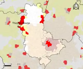 Localisation de l'aire d'attraction de Thizy-les-Bourgs dans la circonscription départementale du Rhône.