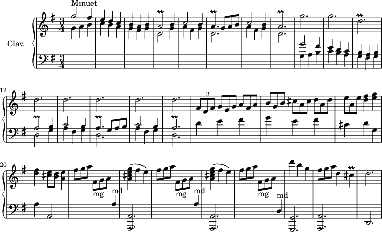 
\version "2.18.2"
\header {
  tagline = ##f
  % composer = "Domenico Scarlatti"
  % opus = "K. 471"
  % meter = "Minuet"
}
%% les petites notes
trillCis      = { \tag #'print { cis4\prall } \tag #'midi { d16 cis d cis } }
trillAb       = { \tag #'print { a2\prall } \tag #'midi { b16 a b a~ a4 } }
trillAbp      = { \tag #'print { a2.\prall } \tag #'midi { b16 a b a~ a2 } }
trillDbp      = { \tag #'print { d2.\prall } \tag #'midi { e16 d e d~ d2 } }
trillAp       = { \tag #'print { a4.\prall } \tag #'midi { b16 a b a~ a8 } }
upper = \relative c'' {
  \clef treble 
  \key g \major
  \time 3/4
  \tempo 4 = 166 % tempo Ross
  \set Staff.midiInstrument = #"harpsichord"
  \override TupletBracket.bracket-visibility = ##f
      s8*0^\markup{Minuet} \stemUp
      g'2 fis4 | e d c | b a b | \trillAb b4 | c2 b4 | \trillAp g8 a b |
      % ms. 7
      c2 b4 | \trillAbp \stemNeutral | g'2.  g  \trillDbp | \repeat unfold 5 { d2. }
      % ms. 17
      \times 2/3 { fis,8 d fis } \omit TupletNumber \times 2/3 { g8[ e g] a fis a | b g b  cis a cis d a d } | 
      % ms. 19
      \times 2/3 { e a, e' } < d fis >4 < e g > | < d fis > < cis e >8 < b d > < a e' >4 |
      \repeat unfold 2 { \times 2/3 { fis'8 g a } s4 \stemUp  \change Staff = "lower" a,,4^\markup{md} \stemNeutral   \change Staff = "upper" |
      % ms. 24
      < a' cis e g >4( fis' e) } | \times 2/3 { fis8 g a } s4 \stemUp  \change Staff = "lower" d,,,4^\markup{md} \stemNeutral   \change Staff = "upper" | d'''4 b g | \times 2/3 { fis8 g a } d,4 \trillCis | d2. |
      % ms. 30
      % ms. 35
      % ms. 40
}
lower = \relative c' {
  \clef bass
  \key g \major
  \time 3/4
  \set Staff.midiInstrument = #"harpsichord"
  \override TupletBracket.bracket-visibility = ##f
    % ************************************** \appoggiatura a16  \repeat unfold 2 {  } \times 2/3 { }   \omit TupletNumber 
      \stemDown \change Staff = "upper"  g'4 a b | c b a | g fis g | d2 g4 | a fis g | d2. |
      % ms. 7
      a'4 fis g | d2. \stemNeutral \change Staff = "lower"  |  
      << { g2 fis4 | e d c | b a b | \trillAb b4 | c2 b4 | \trillAp g8 a b | c2 b4 | \trillAbp } 
      \\ { g4 a b | c b a | g fis g | d2 g4 | a fis g | d2. | a'4 fis g | d2. } >>
      % ms. 17
      d'4 e fis | g e fis |
      % ms. 19
      cis4  d g, | a a,2 | \repeat unfold 2 { s4 \stemDown \change Staff = "upper" \omit TupletNumber  \times 2/3 { fis''8-\markup{mg} g a } \stemNeutral \change Staff = "lower" s4 < a,,, a' >2. } s4 \stemDown \change Staff = "upper" \times 2/3 { fis'''8-\markup{mg} g a } \stemNeutral \change Staff = "lower" s4
      % ms. 24
      < g,,, g' >2. < a a' > d
      % ms. 30
      % ms. 35
      % ms. 40
}
thePianoStaff = \new PianoStaff <<
    \set PianoStaff.instrumentName = #"Clav."
    \new Staff = "upper" \upper
    \new Staff = "lower" \lower
  >>
\score {
  \keepWithTag #'print \thePianoStaff
  \layout {
      #(layout-set-staff-size 17)
    \context {
      \Score
     \override SpacingSpanner.common-shortest-duration = #(ly:make-moment 1/2)
      \remove "Metronome_mark_engraver"
    }
  }
}
\score {
  \keepWithTag #'midi \thePianoStaff
  \midi { }
}
