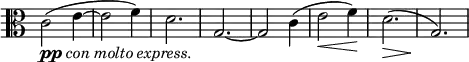 
\relative c' \new Staff \with { \remove "Time_signature_engraver" } {
 \key c \major \time 3/4 \clef C
  c2 _\markup {\dynamic pp \italic { con molto express. } }( e4~ e2 f4) d2. g,2.~ g2 c4( e2\< f4\!) d2.\>( g,2.\!)
}
