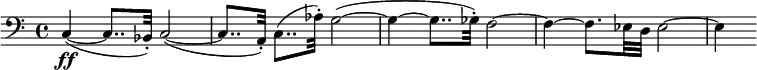 
\version "2.14.2"
\relative c {
\clef bass
\time 4/4
\set Score.tempoHideNote = ##t
\tempo 8 = 100
c4\ff( ~ c8.. bes32-.) c2( ~ 
c8.. a32-.) c8..( aes'32-.) g2( ~
g4 ~ g8.. ges32-.) f2 ~
f4 ~ f8. ees32 d ees2 ~
ees4 
}
